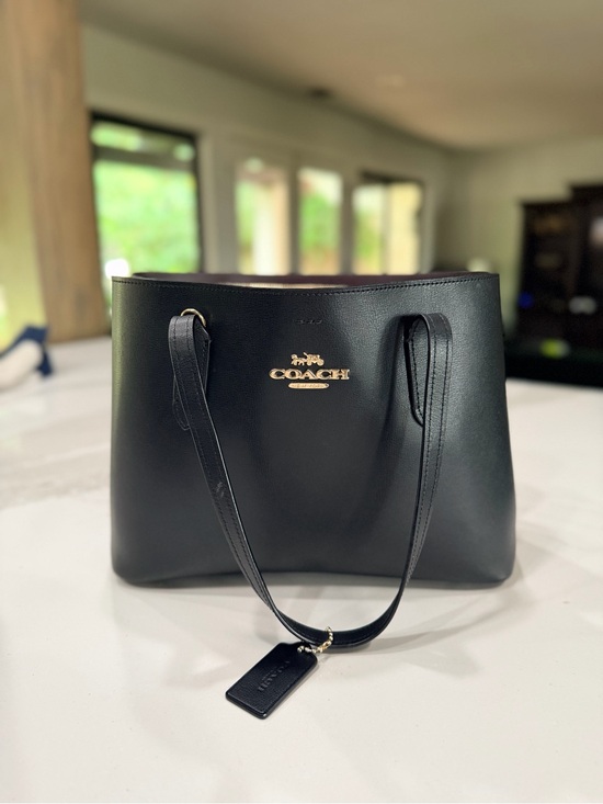 Coach Handbags - Coach Black Leather Tote with Gold Logo Plaque